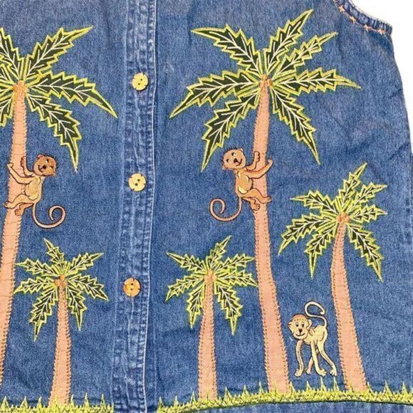 Life Style Vintage Denim Vest with Embroidered Monkeys and Palm‎ Trees - Picture 6 of 11